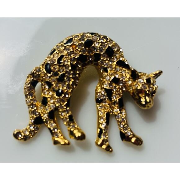 Leopard Cat Goldtone Brooch Pin Rhinestones Black Enamel Crystal Eyes Vtg - Picture 5 of 6